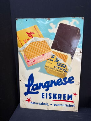 Langnese Eis Blechschild mit Werbung für Domino und Happen (Um 1960)