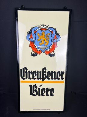 Emailschild Greußener Biere Greussen Thüringen 83 x 38,5 im Emaillerahmen um 1930/40