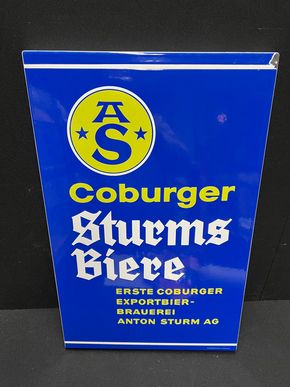 Coburger Sturms Biere (Stark abgekantetes Emailleschild der späten 60er Jahre)