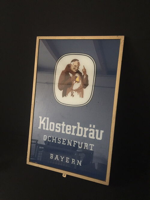 Klosterbräu Ochsenfurt Bayern - Glasschild Bierschild im Metall-Rahmen - D um 1950