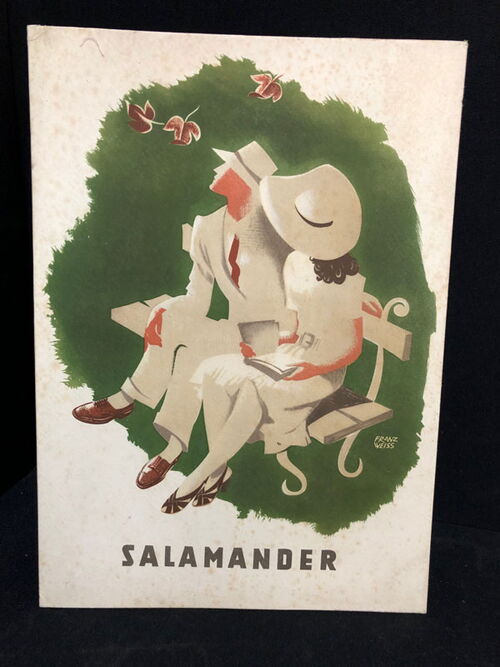 Salamander Werbepappe (30 x 21 cm) von Franz Weiss - Pärchen auf Parkbank Motiv (50er Jahre / selten)