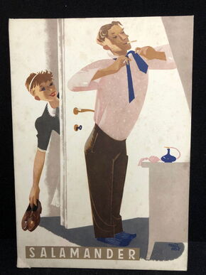 Salamander Werbepappe (21 x 15,5 cm) von Franz Weiss - Frau stellt Gatten die Schuhe bereit Motiv (50er Jahre / selten)