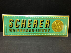 Scherer Weinbrand-Liköre - Vorkriegsblechschild mit Semi-Glas-Überzug und goldener Metallicschrift (A82)