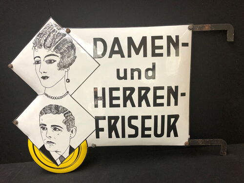Damen- und Herren- Friseur / Zweiseitiger Emailausleger aus der Zeit um 1910/1920