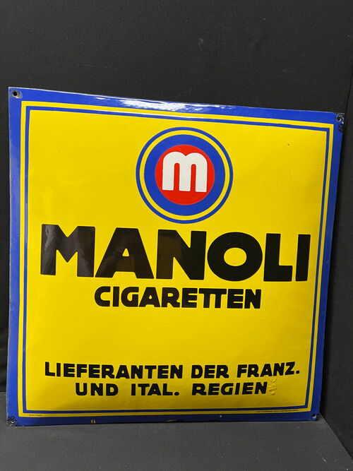 Manoli Cigaretten - Lieferanten der Franz. und Ital. Regien (1920er Jahre Emailleschild)