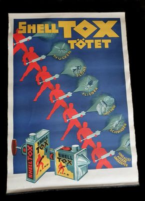 Shell Tox tötet - Werbeplakat der legendären Benzinmarke mit Metallschienen (Um 1950)