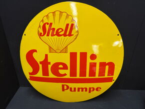 Shell Stellin Pumpe (Gewölbtes rundes Emailleschild 1925/1930)