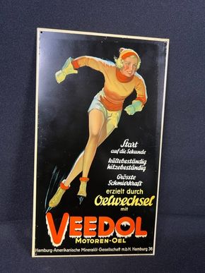 Veedol Pinup Motoren Oel Blechschild  25 x 14 cm um 1945/50