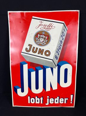 Juno lobt jeder ! Juno Josetti Blechschild 74 x 51 cm um 1930