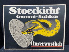 Stoeckicht Gummi-Sohlen / Unverwüstlich  - Werbepappe aus der Zeit um 1925