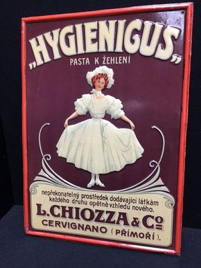 Hygienigus Blechschild (stark geprägt) 24,5 x 34,5 cm (wohl Ungarn)