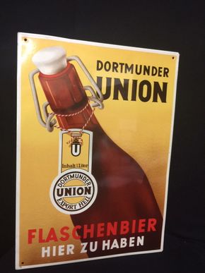 Dortmunder Union Flaschenbier - hier zu haben - altes Blechschild um 1955