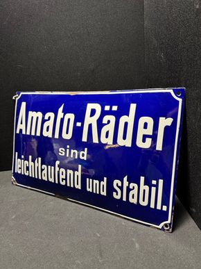 Amato Räder sind leichtlaufend und stabil Emailleschild 50x30 cm D um 1915