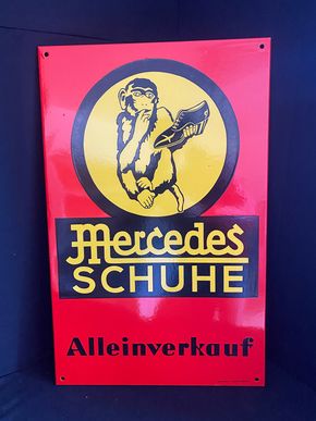 Mercedes Schuhe Alleinverkauf - Emailschild um 1930 - Mercedes-Affe