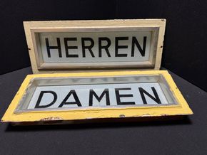 Herren & Damen - Glasschilder im Metallkorpus - Unikate Schwimmbad Umkleide WC  um 1920 /30