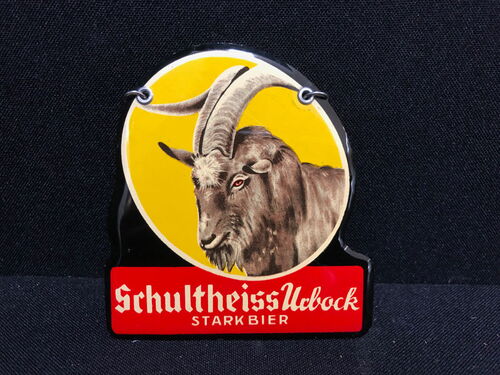 Schultheiss Brauerei Berlin / Urbock Starkbier (Zapfhahnblechschild mit Korkrückseite) von 1957