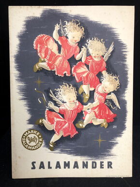 Salamander Werbepappe (30 x 21 cm) von Franz Weiss - Vier Engel mit goldenen Schuhen (50er Jahre / selten)