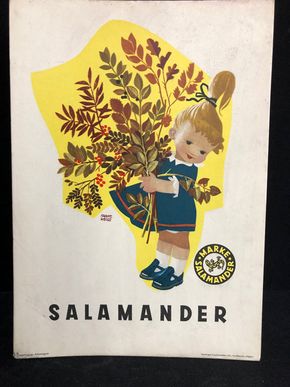 Salamander Werbepappe (30 x 21 cm) von Franz Weiss - Mädchen mit Blätterstrauss Motiv (50er Jahre / selten)