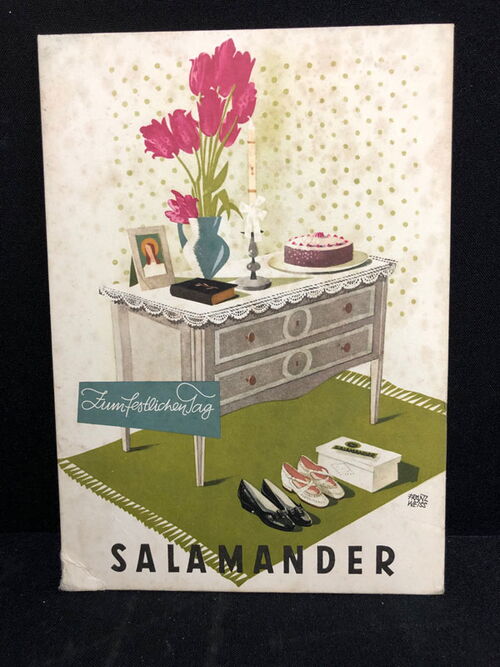 Salamander Werbepappe (21 x 15,5 cm) von Franz Weiss - Kommode mit Torte Motiv (50er Jahre / selten)