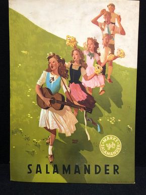 Salamander Werbepappe (30 x 21 cm) von Franz Weiss - Salamander / Gitarre spielendes Mädchen mit Freunden Motiv (50er Jahre / selten)