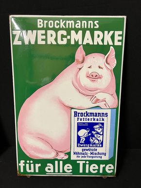 Brockmann´s Zwergmarke - Brockmann Sau - Schwein - Emailschild 58 x 38 cm D - um 1950