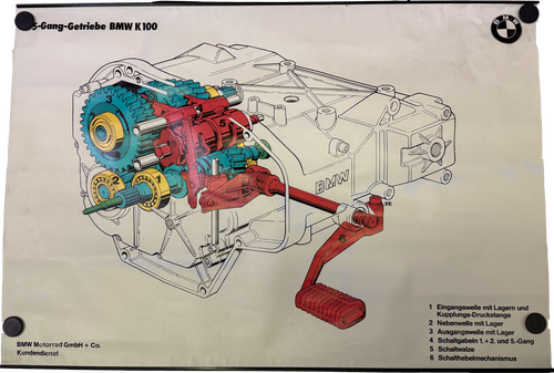 BMW Schautafel mit Metalleisten zum 5-Gang Gerriebe der BMW K 100 (Motorrad)