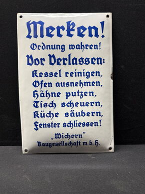 Merken - Ordnung wahren! (Gewölbtes Emailleschild um 1930)