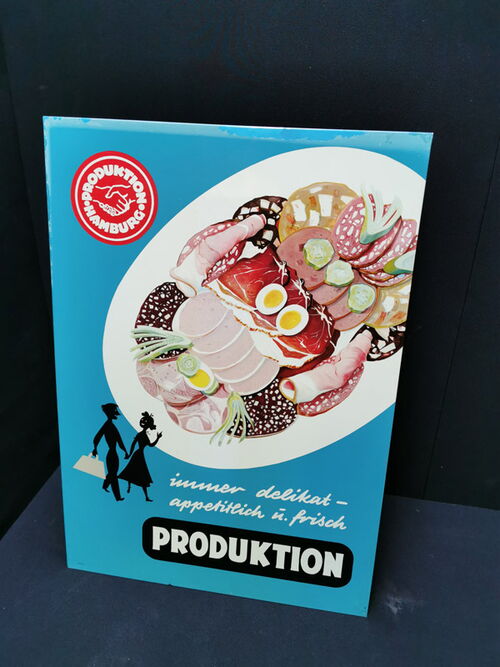 Produktion Hamburg - Fantastisches Blechschild der späten 50er Jahre (Top-Küchendekoration)