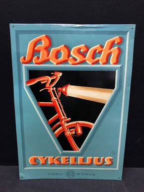 Bosch Fahrräder (Cykelljus) Blechschild mit einem Motiv-Entwurf von Lucian Bernhard (20er Jahre)