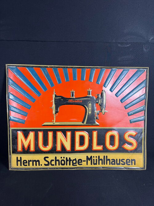 altes Blechschild Mundlos Nähmaschinen - Magdeburg / Nordhausen 58 x 78 cm um 1920