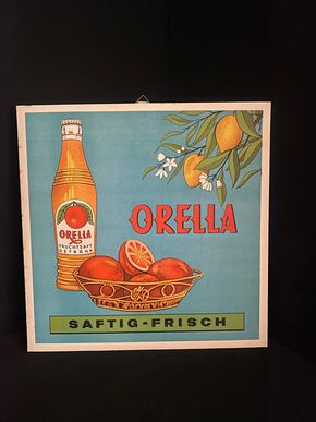 Werbeschild Orella Orangen Limonade 30 x 30 cm Pappschild um 1950/55