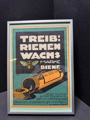 Treib Riemen Marke Biene - Altes Kleinplakat gerahmt 31x21 cm Dresden - D um 1915/20