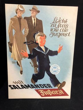 Salamander Werbepappe (30 x 21 cm) von Franz Weiss - Leicht zu Fuss wie die Jugend Motiv (50er Jahre / selten)