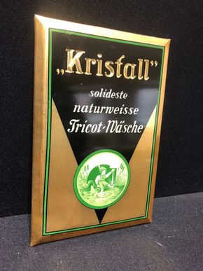 Kristall - Solideste naturweisse Tricot-Wäsche - Vorkriegsblechschild mit Semi-Glas-Überzug und brillierender Prismenschrift (A15)