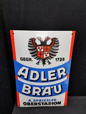 Adler Bräu - A. Sprissler Oberstadion / Gewölbtes Emaillschild (Um 1925) Unikat!?