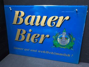 Bauer Bier Glasschild (blau) - schräg abgekantet  (1930/1950)