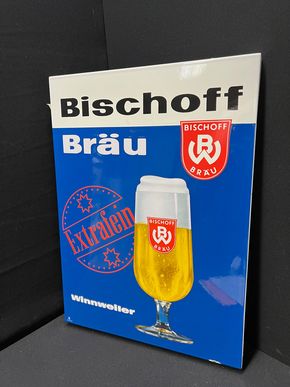 Bischoff Bräu Winnweiler - Stark abgekantetes Emailleschild (Um 1965)