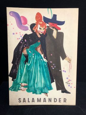 Salamander Werbepappe (30 x 21 cm) von Franz Weiss - Gang zum Karneval Motiv (50er Jahre / selten)
