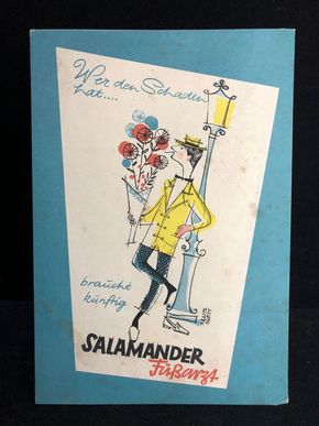 Salamander Werbepappe (26 x 18 cm) von Franz Weiss - Fußarzt Motiv blau (50er Jahre / selten)