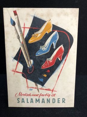 Salamander Werbepappe (15 x 10,5 cm) von Franz Weiss - Pinsel & Schuhe Motiv (50er Jahre / selten)