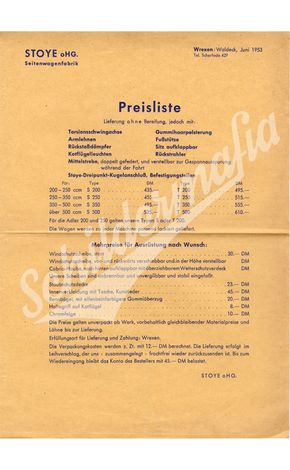 Seitenwagenpreisliste der Stoye oHG aus dem Jahr 1953