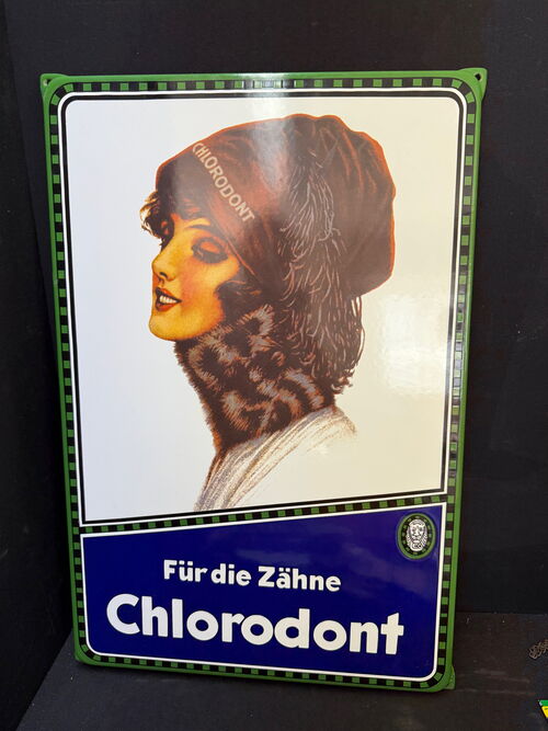 Chlorodont - Für die Zähne (Neuzeitliches und abgekantetes Emailleschild)