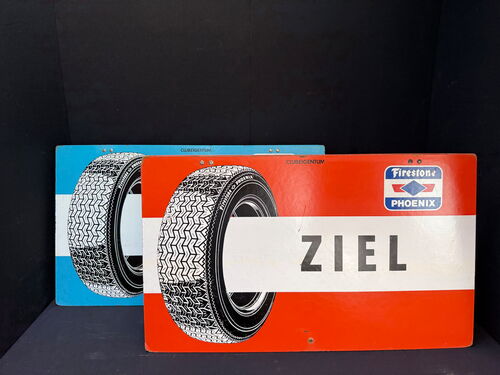 Firestone / Phoenix 2er Set mit quasi vier Schildern (Bedruckte Hartfaserplatten / Um 1960)
