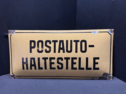 Postauto Haltestelle - Emailschild - Post - 58 x 28 cm - Österreich um 1930