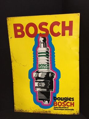 Bosch Blechschild mit Zündkerze für den französischen Markt um 1950 in XXL Größe