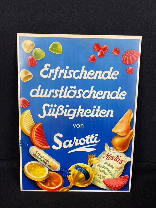 Sarotti Mintips Süssigkeiten Pappschild 35 x 26 cm um 1930/50