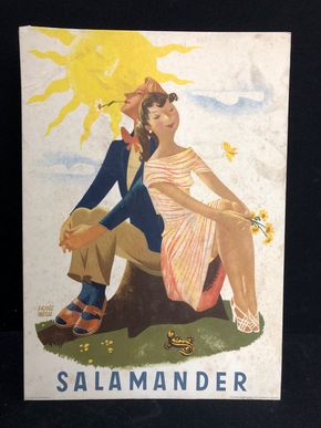 Salamander Werbepappe (30 x 21 cm) von Franz Weiss - Pärchen geniesst die Sonne Motiv (50er Jahre / selten)