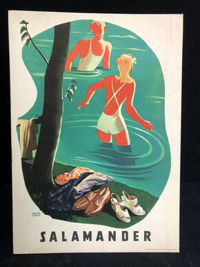 Salamander Werbepappe (30 x 21 cm) von Franz Weiss - Badendes Pärchen Motiv (50er Jahre / selten)
