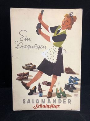 Salamander Werbepappe (30 x 21 cm) von Franz Weiss - Schupflege ein Vergnügen Motiv (50er Jahre / selten)