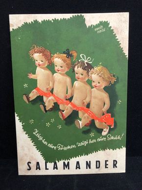 Salamander Werbepappe (21 x 15,5 cm) von Franz Weiss - Zeigt her Eure Füßchen Motiv (50er Jahre / selten)
